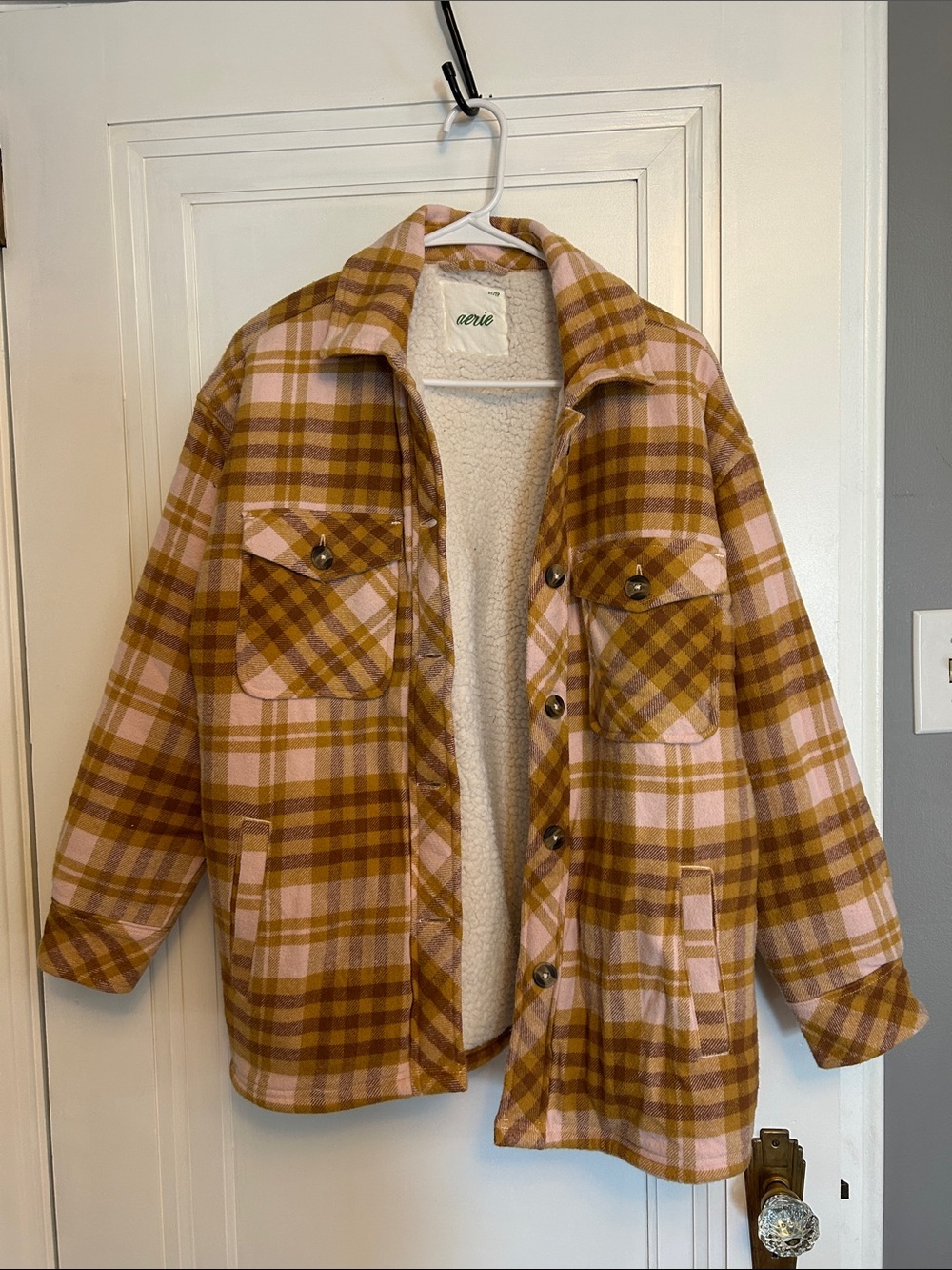 aerie Yellow and Brown Plaid Sherpa-Lined Jacket